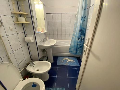 コンスタンツァにあるApartament spațios situat centralのトイレ、洗面台、浴槽を備えたバスルーム