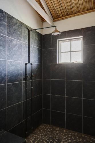 a bathroom with a shower with black tiles at Kookfontein Farm Cottages in Lambertʼs Bay