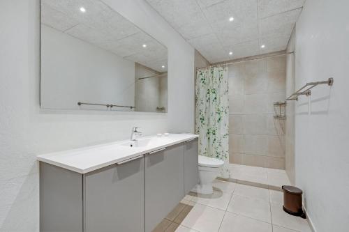 a white bathroom with a sink and a toilet at Large 30-Person Holiday Home With Pool And Spacious Activity Room - 5000 in Engesvang