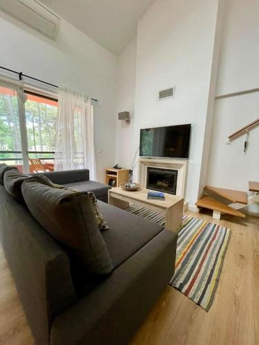 a living room with a couch and a tv at Caparica Golf & Beach Accomodation in Almada