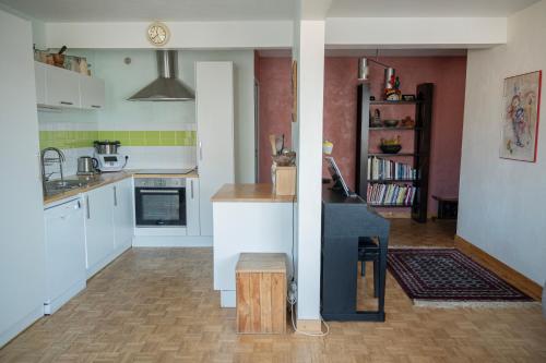 une cuisine avec des armoires blanches et un comptoir dans l'établissement Appartement familial 2 chambres, à Lyon