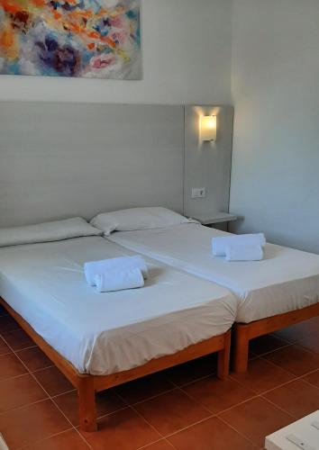 two beds sitting next to each other in a room at Aparthotel FLORA PARK & AQUAROCK in Cala en Bosc