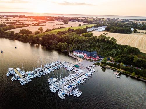an aerial view of a marina with boats in the water at Dyvig Badehotel in Nordborg