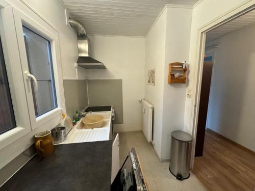 une petite salle de bain avec un lavabo et une fenêtre dans l'établissement Appart 4 pers, 5 min des pistes, Animaux OK, Cuisine, Parking - FR-1-445-36, à Montgenèvre
