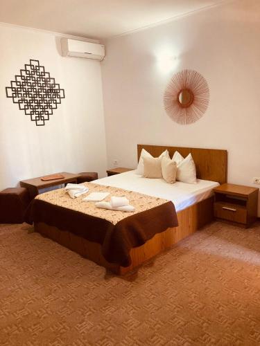 a bedroom with a bed and a mirror on the wall at Casa Andu in 2 Mai