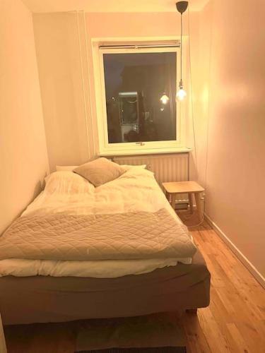 a small bedroom with a bed and a window at Two-room apartment in Stor København in Tåstrup