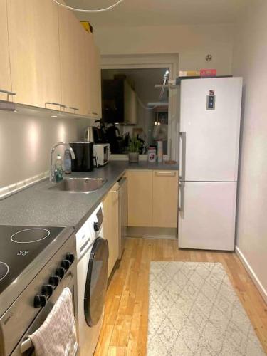 a kitchen with a white refrigerator and a sink at Two-room apartment in Stor København in Tåstrup