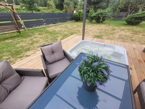 a glass table with a potted plant on a deck at Parkcity SPA Domek z jacuzzi w górach in Biała Niżna