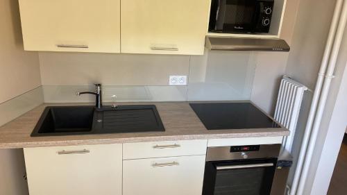 a small kitchen with a sink and a microwave at Appart' Hôtel Fauriel Saint-Etienne Parking privé balcon wifi in Saint-Étienne