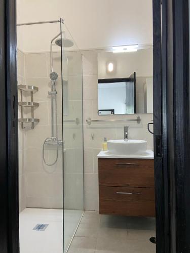 a bathroom with a sink and a glass shower at Apartamento Pedras Del Rei - Casa Azul in Tavira