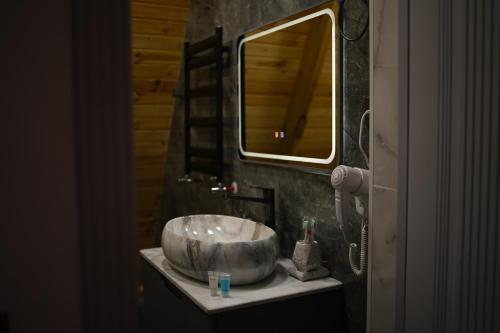 a bathroom with a large bowl sink on a counter at Qafqaz Wooden Chalet in Gabala