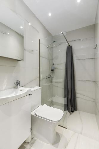 a white bathroom with a toilet and a shower at Kiwi by halu!, Apartments in Perea in Perea