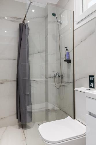 a white bathroom with a shower and a toilet at Kiwi by halu!, Apartments in Perea in Perea