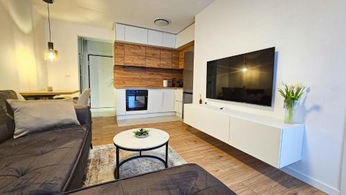 a living room with a couch and a tv at Apartment ReLakes in Plitvička Jezera