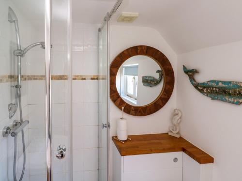 a bathroom with a shower and a mirror at Cormorant Cottage in St Ives