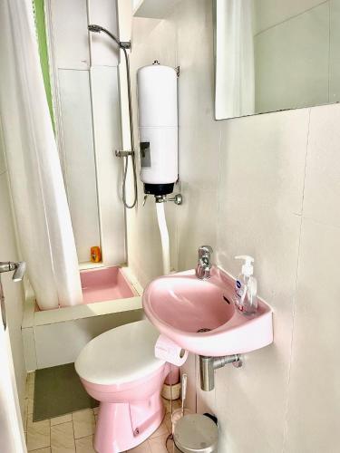 une salle de bains rose avec toilettes et lavabo. dans l'établissement À 2 pas du centre, à Nice