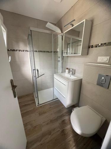 une salle de bain avec toilettes, douche et lavabo dans l'établissement madeline house's, à Mindin