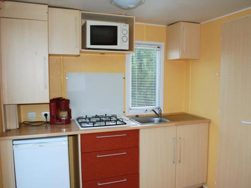 a small kitchen with a stove and a microwave at Camping maeva Respire de La Croze in Châtel-Guyon