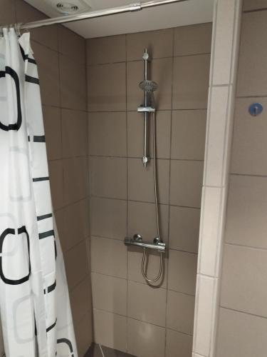 a shower in a bathroom with a shower curtain at Fjeldgaard in Odense