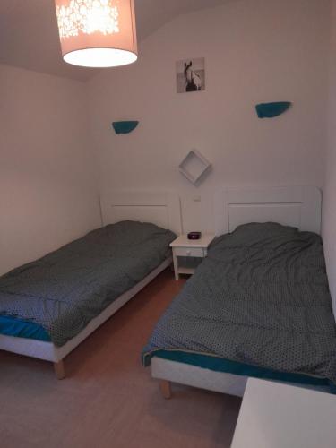 Un dormitorio con dos camas y una lámpara. en Maison 4-6 personnes, en Saint-Brevin-les-Pins