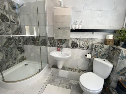 Un baño con inodoro, lavabo y ducha. en The Dome, Sala Palatului, walking distance to the Old town, en Bucarest
