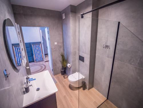 a bathroom with a shower and a toilet and a sink at Art Boulevard in Mrzeżyno
