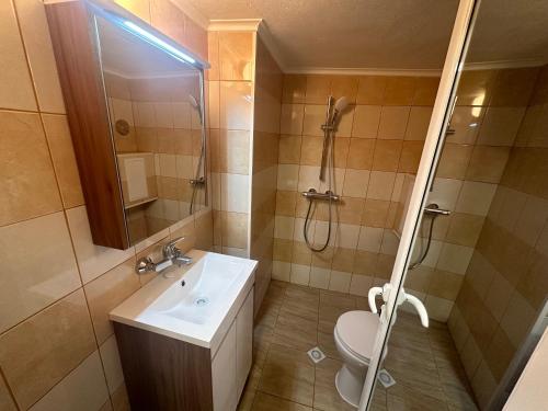 a bathroom with a sink and a shower and a toilet at Studio Lazur in Burgas