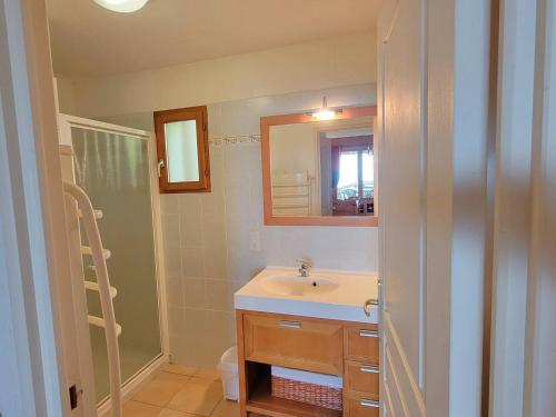 une salle de bain avec un lavabo et un miroir dans l'établissement Duplex 8/9 pers avec terrasse Sud, proche pistes, Wi-Fi, animaux OK, parking + options - FR-1-393-92, à Saint-Michel-de-Chaillol