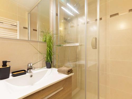 une salle de bain avec un lavabo et une douche en verre dans l'établissement Appartement calme Saint Lary 4 personnes, proche centre, wifi inclus - FR-1-296-284, à Saint-Lary-Soulan