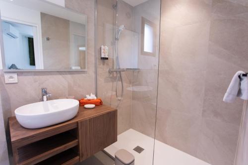 a bathroom with a sink and a shower at Hotel Le Verger Maelvi in Grimaud