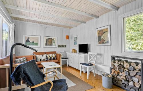 a living room with a couch and a fireplace at 2 Bedroom Nice Home In Samsø in Samsø