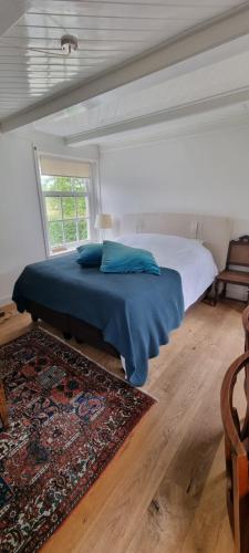 a bedroom with a bed with blue sheets and a rug at Beautiful renovated Farmhouse in Ankeveen