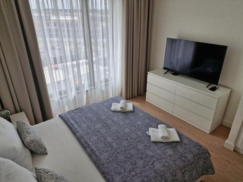 a hotel room with a bed and a flat screen tv at Belgrade Waterfront BW Sava Aqua in Sajmište