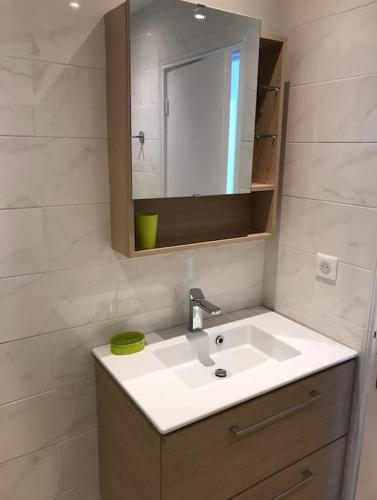 une salle de bain avec un lavabo et un miroir dans l'établissement Appartement à Cannes climatisé de 70 m2 à 300 m de la plage, à Cannes