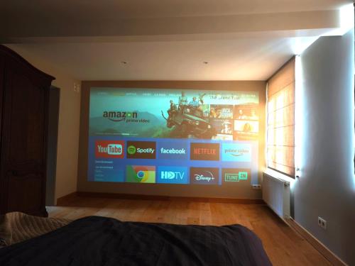 a wall with a large screen in a room at Harmonie et les fées du Flavion - chambres in Onhaye