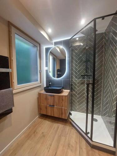 une salle de bain avec une douche, un lavabo et un miroir dans l'établissement Superbe studio à 2 pas du centre, au Bourg-dʼOisans