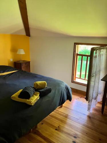 une chambre avec un lit et une grande fenêtre dans l'établissement Gîte du Maou - Maison avec piscine, à Lesperon