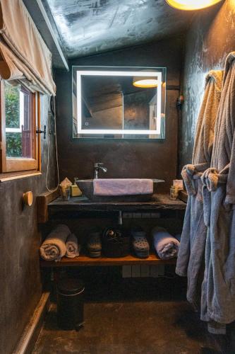 une salle de bain avec un lavabo et un miroir dans l'établissement KÄBANE 85, Lodge avec spa au bord de l'eau, à Prouilly