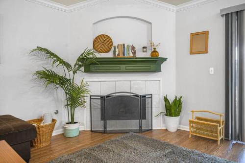 a living room with a fireplace and some plants at Spacious Cozy Home w Gym & Pool, Kid Friendly in Pflugerville