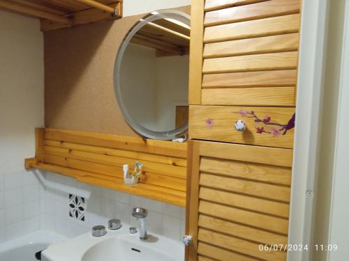 une salle de bain avec un lavabo et un miroir dans l'établissement Superbe studio aux 7 Laux, à La Ferrière