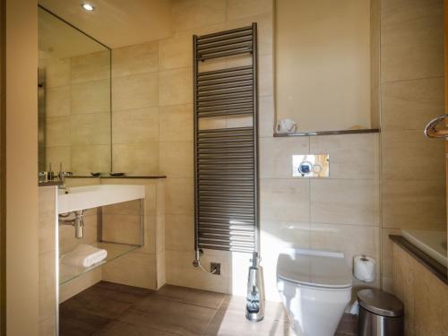 Un baño con inodoro, lavabo y espejo. en Underscar - Grange, en Keswick