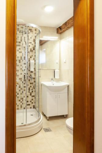 a bathroom with a shower and a sink and a toilet at Prenoćište Omega Luxury in Čačak