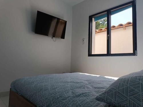 une chambre avec un lit et une télévision à écran plat dans l'établissement Villa moderne climatisée, piscine billard jacuzzi, à Avignon