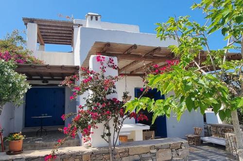 a house with flowers in front of it at Villa Kalliopi Ambelas Paros in Ambelas