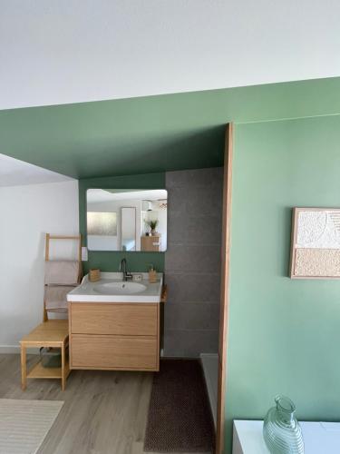 une salle de bain avec un lavabo et un miroir dans l'établissement La chambre de Cleron, à Saint-Laurent-du-Var