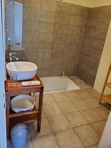 une salle de bain avec un lavabo et une baignoire dans l'établissement Chez Anne-Laure, à Villeneuve-sur-Lot
