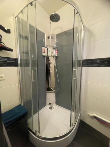 une douche avec une cabine en verre dans une salle de bain dans l'établissement GRAND STUDIO proche du centre ville, à Strasbourg