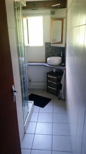 a bathroom with a shower and a sink and a tub at Chalet cosy en Chartreuse classé in Saint-Pierre-de-Chartreuse