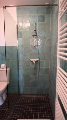 a green tiled bathroom with a shower and a toilet at Villa avec Rooftop, Jacuzzi & vue mer by Palmazur in Mandelieu-la-Napoule