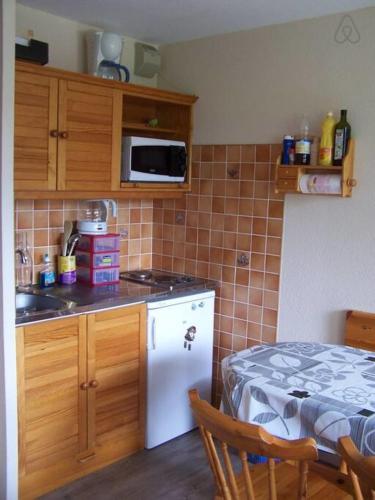 a kitchen with a white refrigerator and a microwave at Spacieux studio Pré de chartreuse 2 in Saint-Pierre-de-Chartreuse